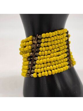 Wide Yellow Beaded Stretch Bracelet Metal Accents Multi Strand 1.75"